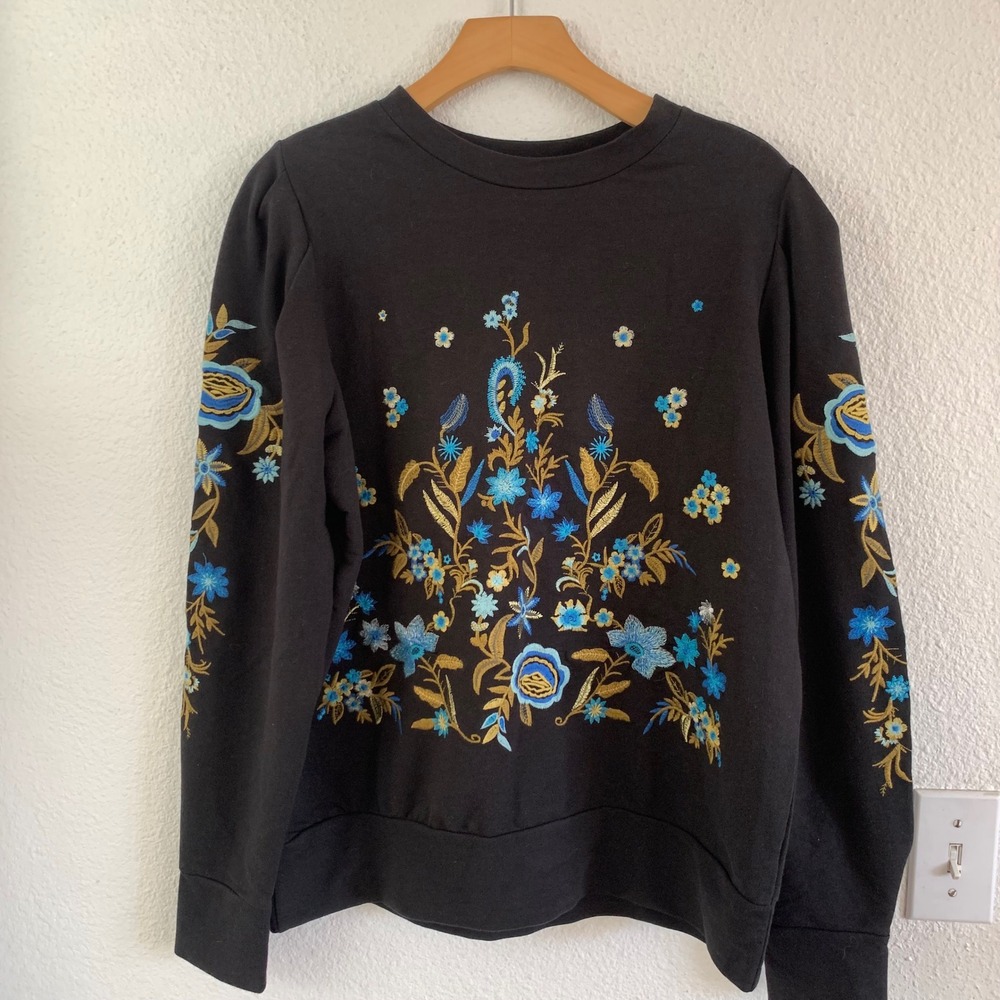 Drew Black Floral Embroidered Crewneck Sweatshirt Puffed Shoulder Medium